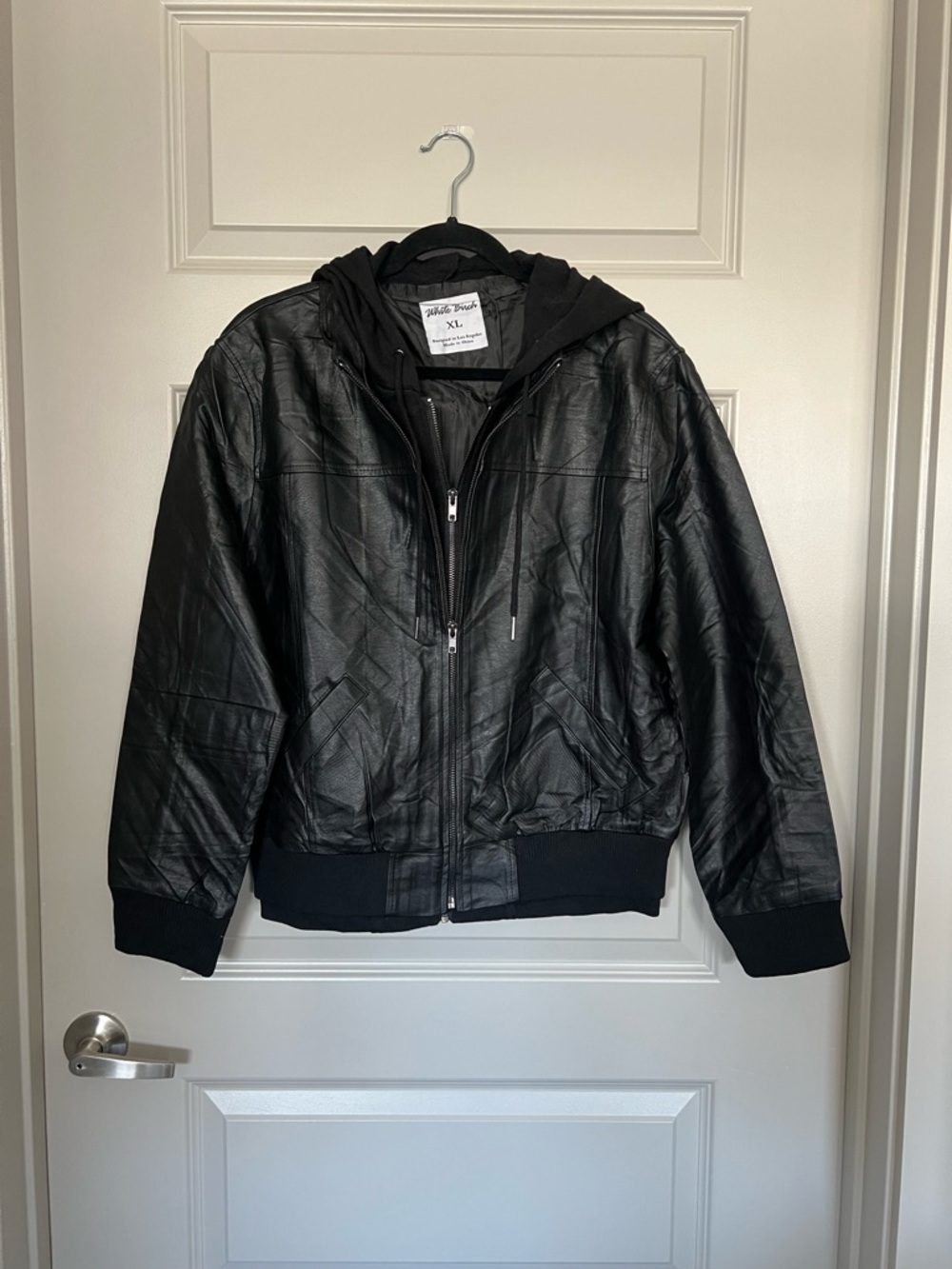 white birch Black Faux Leather Jacket with Hood